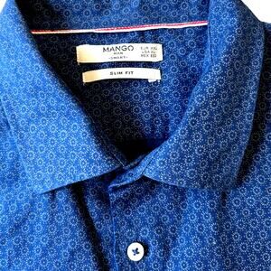 Mango Men's Linen Slim Fit Shirt Size XL Blue Floral Long Sleeve Button Down